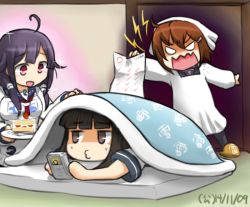 Rule 34 | 10s, 3girls, :d, ahoge, angry, brown hair, cake, dated, failure, food, futon, game boy, game boy (original), grey hair, hair flaps, hair ornament, hairclip, hamu koutarou, handheld game console, hatsuyuki (kancolle), ikazuchi (kancolle), kantai collection, long hair, low twintails, multiple girls, o3o, open mouth, playing games, purple hair, red eyes, school uniform, serafuku, short hair, smile, sparkle, strawberry shortcake, sweat, taigei (kancolle), test score, translation request, twintails, under covers