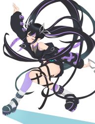 Rule 34 | 1girl, absurdres, black footwear, black hair, black jacket, black ribbon, black shirt, blunt bangs, boots, botan (oacdrykafjf3g3d), breasts, cleavage, closed eyes, closed mouth, commentary request, crop top, cross-laced clothes, cross-laced sleeves, demon girl, demon horns, demon tail, full body, highres, horns, jacket, kojo anna, kojo anna (1st costume), leg ribbon, long hair, long sleeves, medium breasts, multicolored footwear, multicolored hair, nanashi inc., off shoulder, open clothes, open jacket, pointy ears, purple footwear, purple hair, purple thighhighs, ribbon, see-through, see-through cleavage, see-through shirt, shirt, simple background, single thighhigh, sleeveless, sleeveless shirt, solo, sugar lyric, tail, thighhighs, twintails, two-tone hair, very long hair, virtual youtuber, white background, white footwear