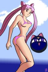 Rule 34 | 1990s (style), ass, bishoujo senshi sailor moon, bishoujo senshi sailor moon r, breasts, chibi usa, luna-p, pink hair, red eyes, swimsuit, twintails