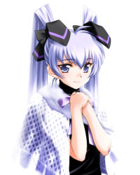 Rule 34 | 1girl, aizawa kotarou, black shirt, blue eyes, capelet, cloak, grey eyes, headgear, long hair, looking at viewer, muv-luv, own hands together, shirt, simple background, smile, solo, twintails, white background, white hair, yashiro kasumi