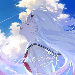 Rule 34 | 1girl, :d, album cover, blue sky, closed eyes, cloud, cloudy sky, contrail, cover, cumulonimbus cloud, ear piercing, facing up, floating hair, hand up, highres, hololive, horns, long hair, nakiri ayame, neckerchief, official art, open mouth, piercing, portrait, profile, red neckerchief, sailor collar, school uniform, second-party source, shirt, sidelocks, sky, smile, solo, teeth, upper teeth only, virtual youtuber, white hair, white sailor collar, white shirt, wind, yuribou