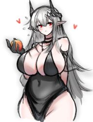 Rule 34 | 1girl, arknights, arm behind back, bare shoulders, black gloves, blush, breasts, center opening, covered navel, cowboy shot, demon horns, flying sweatdrops, food, frown, fruit, gloves, grey hair, groin, hair between eyes, hair ornament, heart, highres, holding, holding food, holding fruit, horns, huge breasts, jewelry, long hair, mudrock (arknights), mudrock (obsidian) (arknights), necklace, no panties, official alternate costume, pointy ears, simple background, solo, thighs, very long hair, white background, yosua 0669
