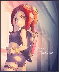 Rule 34 | 1girl, ass, bad id, bad twitter id, black eyes, black shirt, black shorts, bracelet, commentary, conomi-c5, copyright name, crop top, highres, ink tank (splatoon), jewelry, light particles, medium hair, midriff, nintendo, octoling, octoling girl, octoling player character, pointy ears, red hair, shirt, short shorts, shorts, sleeveless, sleeveless shirt, solo, splatoon (series), splatoon 2, splatoon 2: octo expansion, squidbeak splatoon, suction cups, tentacle hair, thigh strap