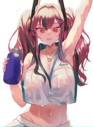 Rule 34 | 1girl, armpits, azur lane, bad id, bad pixiv id, bare shoulders, bottle, bow, breasts, bremerton (azur lane), bremerton (scorching-hot training) (azur lane), cleavage, collarbone, commentary, covered erect nipples, crop top, grey hair, groin, hair between eyes, hair bow, hair ornament, heart, heart necklace, highres, holding, holding bottle, jewelry, large breasts, looking at viewer, midriff, mole, mole under eye, multicolored hair, necklace, open mouth, pink eyes, pink hair, see-through, shirt, sidelocks, sleeveless, sleeveless shirt, sportswear, streaked hair, tennis uniform, torriet, twintails, two-tone shirt, upper body, wet, wet clothes, x hair ornament