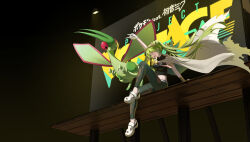 Rule 34 | 1girl, :d, absurdres, arm support, arm up, armlet, cape, commentary request, copyright name, creatures (company), fighting miku (project voltage), floating cape, floating hair, flygon, from below, game freak, gen 3 pokemon, gloves, green hair, green pants, hatsune miku, highres, long hair, nintendo, open mouth, pants, pokemon, pokemon (creature), project voltage, shirt, shoes, sitting, smile, teeth, tongue, twintails, vocaloid, white cape, white footwear, white gloves, yeyiye (2954504619)