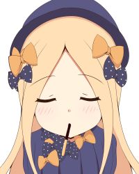 Rule 34 | 1girl, abigail williams (fate), absurdres, black bow, black hat, blonde hair, blue dress, blue eyes, blush, bow, closed eyes, commentary request, dress, facing viewer, fate/grand order, fate (series), food in mouth, forehead, hair bow, hat, highres, long hair, long sleeves, mitchi, mouth hold, orange bow, parted bangs, parted lips, pocky day, polka dot, polka dot bow, simple background, solo, upper body, very long hair, white background