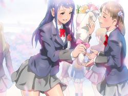 Rule 34 | 6+girls, blazer, blue eyes, blue hair, blue jacket, blush, bouquet, bow, brown hair, collared shirt, day, dress shirt, flower, game cg, graduation, grey skirt, jacket, long hair, long sleeves, looking at another, miniskirt, multiple girls, nighthawk (circle), outdoors, parted lips, pink bow, pleated skirt, red bow, school uniform, shirt, skirt, smile, stopping!!! (series), stopping!! 11 the calamity of time stop, tears, time stop, twintails, white shirt, yellow flower