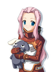 Rule 34 | 00s, 1girl, blue eyes, bodysuit, darry adai, gloves, holding, long hair, looking at viewer, pink hair, red gloves, simple background, solo, stuffed animal, stuffed toy, tengen toppa gurren lagann, totokichi, uniform, white background