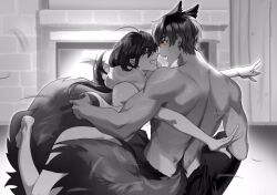 1boy 1girl animal_ears ass bai_qi_(love_and_producer) bishounen closed_eyes clothed_male_nude_female commentary completely_nude fireplace greyscale grin highres kemonomimi_mode love_and_producer monochrome muscular muscular_male nude orange_eyes protagonist_(love_and_producer) scarf shinkaifuyuki smile spot_color sweat tail topless_male wolf_boy wolf_ears wolf_tail