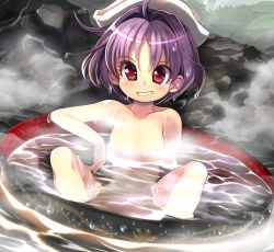 Rule 34 | 1girl, afloat, bathing, bowl, collarbone, convenient censoring, floating, grin, in bowl, in container, nude, onsen, purple eyes, purple hair, smile, solo, sukuna shinmyoumaru, syope, touhou, towel, towel on head, water