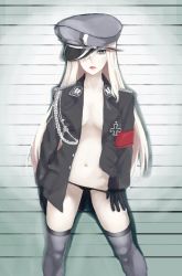 Rule 34 | 10s, 1girl, against wall, alternate costume, armband, bismarck (kancolle), black gloves, black panties, black thighhighs, blonde hair, breasts, coat, collarbone, contrapposto, cowboy shot, cross, expressionless, gloves, green eyes, groin, hat, height chart, highres, iron cross, kantai collection, kirisato itsuki, lips, lipstick, long hair, looking at viewer, lowleg, lowleg panties, makeup, micro panties, military, military uniform, naked coat, navel, no bra, no pants, one eye covered, open clothes, open coat, panties, panty pull, peaked cap, red lips, shadow, sideways hat, solo, standing, thighhighs, underwear, uniform, very long hair
