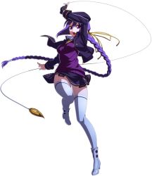 Rule 34 | 00s, 1girl, boots, braid, eltnum, fingerless gloves, french-bread, gloves, hat, high heels, long hair, melty blood, miniskirt, official art, open mouth, purple eyes, purple hair, single braid, single glove, sion eltnam atlasia, skirt, solo, thighhighs, thighs, tsukihime, under night in-birth, wire, yoshihara seiichi, zettai ryouiki