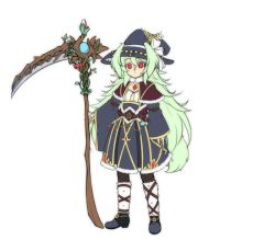 Rule 34 | 1girl, amulet, animal ears, capelet, dog ears, dog tail, ears through headwear, flat chest, flat color, fur trim, green hair, hat, hat ribbon, jewelry, long hair, minaha (playjoe2005), original, pantyhose, red eyes, ribbon, scythe, simple background, solo, tail, twintails, wide sleeves, witch, witch hat