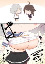 Rule 34 | 2girls, 2koma, absurdres, ahoge, black gloves, black pantyhose, black skirt, braid, breasts, brown hair, chibi, closed mouth, clothes lift, comic, commentary request, fairy (kancolle), fingerless gloves, gloves, grey hair, hair flaps, hair ornament, hair over one eye, hairclip, hamakaze (kancolle), highres, huge breasts, kantai collection, lifting another&#039;s clothes, long hair, multiple girls, pantyhose, parted lips, sailor collar, school uniform, serafuku, shigure (kancolle), shigure kai ni (kancolle), shirt, shirt lift, shiyoo, short hair, short sleeves, single braid, skirt, sound effects, translation request