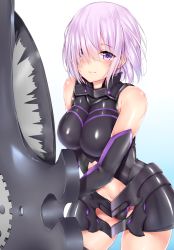 Rule 34 | 1girl, armor, bare shoulders, black gloves, black leotard, blue background, blue gk, blush, bodysuit, breasts, clothing cutout, elbow gloves, eyebrows, fate/grand order, fate (series), faulds, from side, gloves, gradient background, groin, hair over one eye, halterneck, high collar, highres, holding, holding shield, impossible clothes, impossible leotard, large breasts, legs apart, leotard, light purple hair, light smile, looking at viewer, mash kyrielight, navel, navel cutout, purple eyes, purple hair, shield, shiny clothes, shiny skin, short hair, skin tight, smile, solo, standing, thigh strap, white background