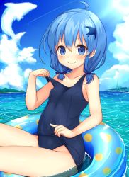 Rule 34 | 1girl, ahoge, bare shoulders, black one-piece swimsuit, blue eyes, blue hair, blue sky, blush, closed mouth, cloud, day, delphinium (flower knight girl), flower knight girl, hair ornament, kida kuro mu, looking at viewer, ocean, one-piece swimsuit, school swimsuit, short hair, short twintails, sitting, sky, smile, solo, sparkle, sunlight, swimsuit, twintails