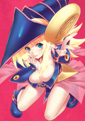 Rule 34 | 1girl, aiming, aiming at viewer, alphy, bare shoulders, blonde hair, blue eyes, blue footwear, blush, blush stickers, boots, breasts, choker, cleavage, closed mouth, dark magician girl, detached sleeves, downblouse, duel monster, female focus, finger to mouth, frills, from above, hat, highres, holding, holding weapon, large breasts, leaning forward, long hair, looking at viewer, magical girl, nail polish, off shoulder, pentacle, pink background, pink nails, see-through, simple background, skirt, smile, solo, staff, weapon, wizard hat, wristband, yu-gi-oh!, yu-gi-oh! duel monsters