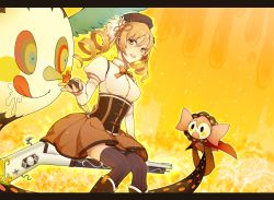 Rule 34 | 10s, 1girl, beret, blonde hair, blush, boots, breasts, brown thighhighs, charlotte (madoka magica), chimachi, detached sleeves, dress, drill hair, fingerless gloves, gloves, gun, hair ornament, hairpin, hat, large breasts, letterboxed, magical girl, magical musket, mahou shoujo madoka magica, mahou shoujo madoka magica (anime), pleated skirt, puffy sleeves, ribbon, rifle, sitting, skirt, sparkle, striped clothes, striped thighhighs, thighhighs, tomoe mami, tongue, twin drills, twintails, vertical-striped clothes, vertical-striped thighhighs, weapon, yellow eyes, yellow theme, zettai ryouiki