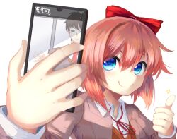 Rule 34 | 1boy, 1girl, :|, = =, blue eyes, bow, brown hair, cellphone, closed mouth, commentary, doki doki literature club, english commentary, grey jacket, hair bow, jacket, long sleeves, neck ribbon, open clothes, open jacket, phone, pink hair, protagonist (doki doki literature club), red bow, red ribbon, ribbon, sayori (doki doki literature club), school uniform, shirt, short hair, single bare shoulder, smartphone, smile, solo focus, sweatdrop, taking picture, takuyarawr, thumbs up, white background, white shirt, wing collar, you&#039;re doing it wrong