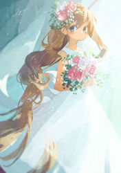 Rule 34 | 1girl, blue eyes, blush, bouquet, braid, brown hair, closed mouth, commentary request, day, dress, flower, hair flower, hair ornament, highres, holding, holding bouquet, light particles, long hair, looking at viewer, original, pink flower, potg (piotegu), signature, single braid, sleeveless, sleeveless dress, solo, very long hair, white dress