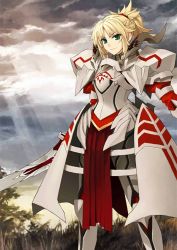 Rule 34 | 1girl, armor, armored dress, blonde hair, braid, clarent (fate), fate/apocrypha, fate/grand order, fate (series), full armor, green eyes, holding, holding sword, holding weapon, konoe ototsugu, long hair, mordred (fate), mordred (fate/apocrypha), official art, pauldrons, shoulder armor, smile, solo, sword, waifu2x, weapon