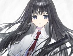 1girl black_hair blue_eyes capelet collared_shirt commentary cross cross_print floating_hair highres long_hair looking_at_viewer necktie parted_lips print_necktie red_necktie school_uniform shirt simple_background sketch solo straight_hair subarashiki_hibi takashima_zakuro upper_body white_background white_capelet white_shirt yasumibi_roa