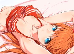 Rule 34 | 1girl, armpits, arms behind head, arms up, bed sheet, blue eyes, bottomless, breasts, camisole, clearite, collarbone, covered erect nipples, eyelashes, from behind, long hair, looking at viewer, lying, makeup, mascara, neon genesis evangelion, on back, orange hair, out-of-frame censoring, red shirt, revision, shirt, simple background, solo, souryuu asuka langley, spaghetti strap, striped clothes, striped shirt, torn clothes