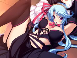 Rule 34 | 1girl, armpits, arms up, blue hair, blush, bow, bowtie, breasts, game cg, garter belt, hair ornament, large breasts, legs up, long hair, looking at viewer, lying, on back, open mouth, parthenon (company), purple eyes, solo, thighhighs