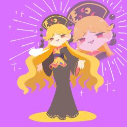 Rule 34 | 1girl, belt, black dress, black hat, blonde hair, blush, breasts, chinese clothes, crescent, crescent print, dress, full body, half-closed eyes, hat, highres, junko (touhou), long hair, long sleeves, looking at viewer, mandarin collar, medium breasts, open mouth, parted bangs, phoenix crown, pom pom (clothes), purple background, purple belt, red eyes, red tabard, shinsei tomato, simple background, smile, smug, solo, sparkle, standing, tabard, touhou, wavy hair, wide sleeves