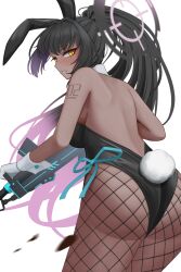 Rule 34 | 1girl, absurdres, animal ears, anti-materiel rifle, arm tattoo, ass, bare back, black hair, black leotard, blue archive, blurry, boys anti-tank rifle, breasts, dark skin, depth of field, detached collar, ewai, eyes visible through hair, fake animal ears, fake tail, fishnet pantyhose, fishnets, from behind, gloves, gun, hair between eyes, halo, highres, holding, holding gun, holding weapon, karin (blue archive), karin (bunny) (blue archive), large breasts, leaning forward, leotard, long hair, looking at viewer, looking back, number tattoo, official alternate costume, pantyhose, parted lips, playboy bunny, ponytail, rabbit ears, rabbit tail, rifle, shoulder blades, sideboob, sidelocks, sleeveless, sniper rifle, solo, strapless, strapless leotard, sweatdrop, tail, tattoo, weapon, white background, white gloves, wrist cuffs, yellow eyes
