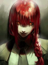 Rule 34 | 1girl, akuta vi, black necktie, braid, braided ponytail, chainsaw man, close-up, collared shirt, formal, glowing, glowing eyes, hair between eyes, hair over shoulder, highres, looking at viewer, makima (chainsaw man), necktie, portrait, red hair, ringed eyes, shirt, simple background, smile, solo, suit, upper body, white shirt, yellow eyes
