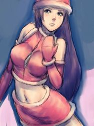Rule 34 | 1girl, asamiya athena, bare shoulders, blush, breasts, center opening, christmas, closed mouth, detached sleeves, eyebrows, fumio (rsqkr), gloves, hat, large breasts, long hair, looking at viewer, miniskirt, mittens, navel, nose, red mittens, santa costume, santa gloves, santa hat, skirt, sleeveless, snk, solo, stomach, sweatdrop, the king of fighters, thighs