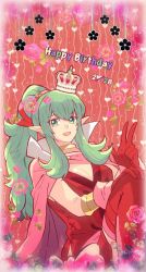 Rule 34 | 1girl, aged up, boots, breasts, cape, crown, dragon, dress, fire emblem, fire emblem awakening, garter straps, gloves, green eyes, green hair, hair ornament, highres, jewelry, kiriya (552260), large breasts, long hair, looking at viewer, nintendo, open mouth, pointy ears, ponytail, red dress, short dress, side slit, smile, solo, strapless, strapless dress, thigh boots, thighhighs, tiara, tiki (adult) (fire emblem), tiki (fire emblem)