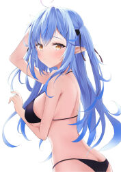 Rule 34 | 1girl, absurdres, ahoge, bikini, black bikini, black ribbon, blue hair, blush, breasts, butt crack, cilu shinomori, commentary, cowboy shot, double-parted bangs, from side, hair between eyes, hair ribbon, halterneck, highres, hololive, large breasts, long hair, looking at viewer, multicolored hair, official alternate hairstyle, pointy ears, ribbon, sideboob, solo, streaked hair, string bikini, swimsuit, two side up, very long hair, virtual youtuber, yellow eyes, yukihana lamy