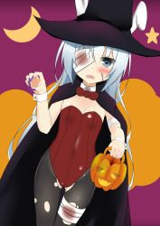 Rule 34 | 1girl, animal ears, bandages, black pantyhose, blood, blood on clothes, blue eyes, blush, breasts, facial scar, fake animal ears, halloween, happy halloween, hat, hibiki (kancolle), highres, jack-o&#039;-lantern, kantai collection, leotard, long hair, looking at viewer, moon, multicolored background, pantyhose, playboy bunny, pumpkin, rabbit ears, rabbit girl, scar, scar on cheek, scar on face, shiruhino, silver hair, small breasts, solo, star (symbol), torn clothes, torn pantyhose, witch hat