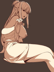 Rule 34 | 1girl, blouse, breasts, brown background, brown theme, from side, hair bun, half updo, ino (magloid), invisible chair, kisaragi rei, large breasts, leaning to the side, miniskirt, monochrome, nipples, open clothes, open shirt, otome function, shirt, simple background, single hair bun, sitting, skirt, solo