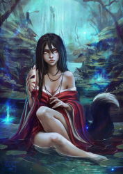 Rule 34 | 10s, 1girl, 2014, bare legs, bare shoulders, barefoot, black hair, breasts, cleavage, collarbone, eyelashes, fingernails, forest, fox mask, fox tail, highres, japanese clothes, jewelry, kate-fox, katrin fox, lily pad, lips, long hair, looking away, mask, unworn mask, medium breasts, nature, necklace, off shoulder, original, signature, sitting, solo, tail, tree, water, waterfall, wide sleeves, yellow eyes