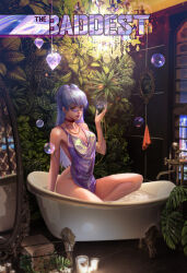 Rule 34 | 1girl, alternate costume, bare legs, bathroom, bathtub, blue nails, breasts, brown eyes, bubble, candle, chain, chain necklace, chandelier, choker, cityscape, cleavage, commentary, dress, english commentary, english text, evelynn (league of legends), eyelashes, fan yang (jiuge), faucet, fingernails, gold necklace, highres, indoors, jewelry, k/da (league of legends), k/da evelynn, large breasts, league of legends, lipstick, looking at viewer, makeup, mirror, multiple rings, nail polish, necklace, night, parted lips, partially submerged, plant, potted plant, purple dress, purple hair, rag, red choker, red lips, ring, sharp fingernails, sitting, sleeveless, sleeveless dress, smile, solo, spaghetti strap, sunglasses, tile wall, tiles, towel, triangular headpiece, wet, window, wooden floor