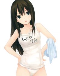 Rule 34 | 10s, 1girl, brown hair, character name, coffee-kizoku, cowboy shot, green eyes, hair over breasts, hands on own hips, highres, idolmaster, idolmaster cinderella girls, long hair, one-piece swimsuit, open mouth, scan, school swimsuit, shibuya rin, simple background, solo, swimsuit, towel, white background, white school swimsuit, white one-piece swimsuit