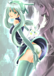 Rule 34 | 1girl, android (os), aqua eyes, aqua hair, aqua thighhighs, ass, blush, elbow gloves, gloves, green panties, hat, highres, long hair, looking at viewer, miyabi (miura105), panties, personification, profile, smile, solo, thighhighs, twintails, underwear