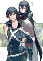 Rule 34 | 1boy, 1girl, ameno (a meno0), arm tattoo, asymmetrical clothes, blue eyes, blue hair, boots, cape, carrying, chrom (fire emblem), father and daughter, fire emblem, fire emblem awakening, forest, long hair, lucina (fire emblem), nature, nintendo, outdoors, pantyhose, piggyback, short hair, smile, symbol-shaped pupils, tattoo, tiara, torn clothes