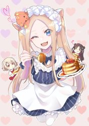 Rule 34 | 3girls, abigail williams (fate), abigail williams (heart of cooking) (fate), absurdres, apron, black hair, blonde hair, blue eyes, blush, bow, breasts, dress, fate/grand order, fate (series), forehead, fork, hair bow, highres, illyasviel von einzbern, illyasviel von einzbern (heart of cooking), kubomi 943, long hair, looking at viewer, multiple bows, multiple girls, official alternate costume, one eye closed, open mouth, parted bangs, plate, red eyes, sessyoin kiara, sessyoin kiara (lily), sessyoin kiara (lily) (heart of cooking), sidelocks, small breasts, smile, stuffed animal, stuffed toy, teddy bear, twintails, white hair, white legwear, yellow eyes