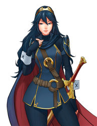 Rule 34 | 1girl, belt, blue bodysuit, blue eyes, blue hair, blue tunic, bodysuit, bodysuit under clothes, breasts, cape, falchion (fire emblem), fingerless gloves, fire emblem, fire emblem awakening, gloves, hairband, long hair, looking at viewer, louten, lucina (fire emblem), nintendo, simple background, small breasts, solo, sword, upper body, weapon, white background