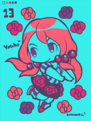 Rule 34 | 1girl, closed mouth, color guide, eyelashes, flower, full body, hair bobbles, hair ornament, hirose yasuho, jojo no kimyou na bouken, kotorai, limited palette, long hair, looking to the side, no nose, orange flower, purple flower, red flower, shirt, signature, skirt, socks, solo, striped clothes, striped shirt, striped socks, vertical-striped clothes, vertical-striped shirt, vertical-striped socks