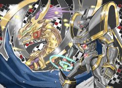 Rule 34 | 00s, alphamon, armor, bandai, black armor, blue cape, cape, claws, digimon, digimon (creature), digital monster x-evolution, dragon, dual wielding, full armor, gem, gold armor, green eyes, helmet, highres, holding, horns, knight, monster, no humans, ouryumon, purple hair, red eyes, royal knights, shoulder pads, sword, teeth, torn cape, torn clothes, weapon, white cape, wings, zero unit, zeta (kyokugen)