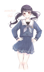 Rule 34 | 1girl, absurdres, bang dream!, black hair, blue serafuku, blue shirt, blue skirt, blush, brown eyes, closed mouth, collarbone, commentary request, cropped legs, dated, futaba tsukushi, grey neckerchief, gurifu, hands on own hips, highres, long hair, long sleeves, looking at viewer, neckerchief, pleated skirt, sailor collar, school uniform, serafuku, shirt, signature, simple background, skirt, smile, solo, standing, twintails, white background, white sailor collar