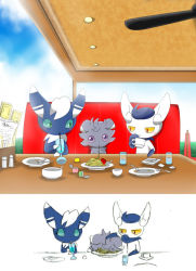 Rule 34 | 1boy, 1girl, constricted pupils, creatures (company), cup, drinking, eating, espurr, hand fan, food, furry, game freak, gen 6 pokemon, green eyes, holding, menu, meowstic, meowstic (female), meowstic (male), nintendo, parent and child, pasta, plate, pokemon, pokemon (creature), red eyes, restaurant, shadow, sitting, sketch, sky, spaghetti, teacup, window, winick-lim