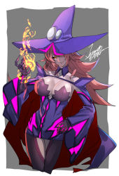 Rule 34 | 1girl, black sclera, black thighhighs, blazblue, blazblue: central fiction, breasts, cape, cleavage, colored sclera, detached sleeves, dress, fire, hair over one eye, hat, iwamoto eiri, konoe a. mercury, large breasts, long hair, long sleeves, looking at viewer, magic, pink hair, seductive smile, shaded face, short dress, signature, simple background, smile, solo, thighhighs, wide sleeves, witch hat, yellow eyes