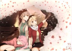 Rule 34 | absurdres, alternate costume, bad id, bad pixiv id, black skirt, blonde hair, blurry, blurry background, braid, cardigan, cherry blossoms, commentary request, dated, dress, french braid, green dress, hair between eyes, hair flaps, hair ribbon, hanami, harusame (kancolle), highres, holding hands, jacket, kantai collection, lap pillow, long hair, open clothes, open jacket, open mouth, open vest, orange eyes, outstretched arm, petals, pink cardigan, pink hair, pink jacket, pointing, ponytail, red vest, ribbon, scarf, shanghmely, shirt, side ponytail, sidelocks, signature, sitting, skirt, very long hair, vest, white shirt, yura (kancolle), yuudachi (kancolle)