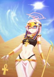 Rule 34 | 1girl, absurdres, ahoge, ankh, armlet, bikini, black tank top, blue archive, blue eyes, blue sky, bracelet, earrings, egypt, egyptian, egyptian clothes, eye of horus, facial mark, frown, glowing, glowing eyes, gold, halo, heterochromia, highleg, highleg bikini, highres, holding, holding staff, hoop earrings, hoshino (blue archive), hoshino (young) (blue archive), jewelry, korean commentary, looking at viewer, midriff, navel, pelvic curtain, pink hair, pyramid (structure), short hair, sky, staff, sun, swimsuit, tank top, usekh collar, user evmh2537, yellow eyes